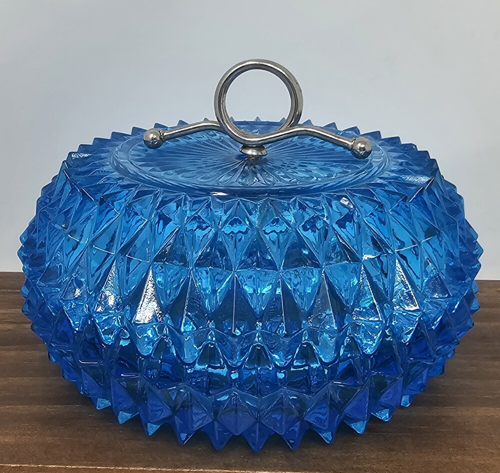 VTG Indiana Glass Diamond Point Blue Glass Powder Jar Candy Dish Vanity *Flaws*